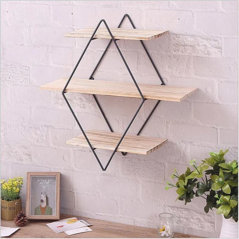 Nordic Minimalist Diamond Rack Wall Shelf Shelves MultiFunction Wall Decoration Creative Wooden Crafts Home Storage Organization