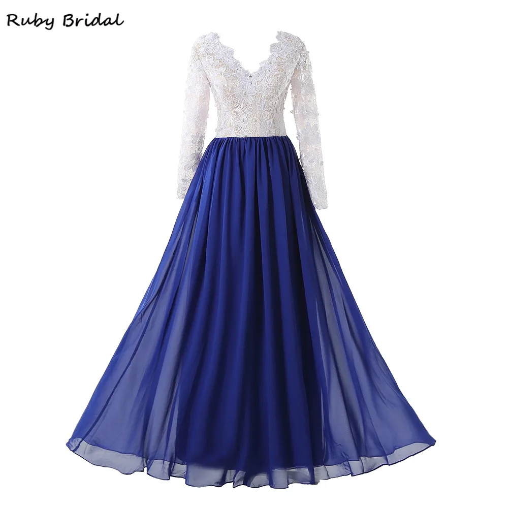 

Ruby Bridal Vestido De Festa Gorgeous White Lace Royal Blue Skirt Beaded Evening Dresses Long Sleeves Formal Party Gown LK10