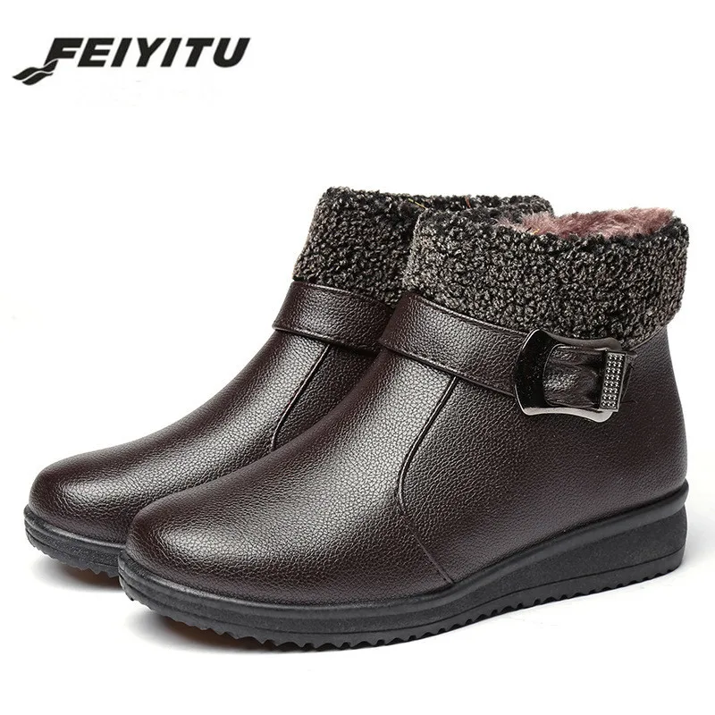 Feiyitu/женские зимние ботинки Теплые кожаные ботильоны Женская обувь