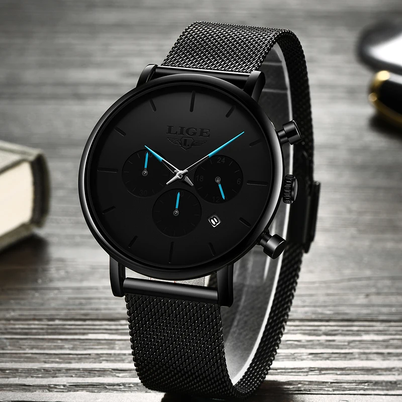 LIGE Fashion Mens Watches Top Brand Luxury Quartz Watch Men Slim Mesh Steel Waterproof Sport Chronograph Watch Relogio Masculino