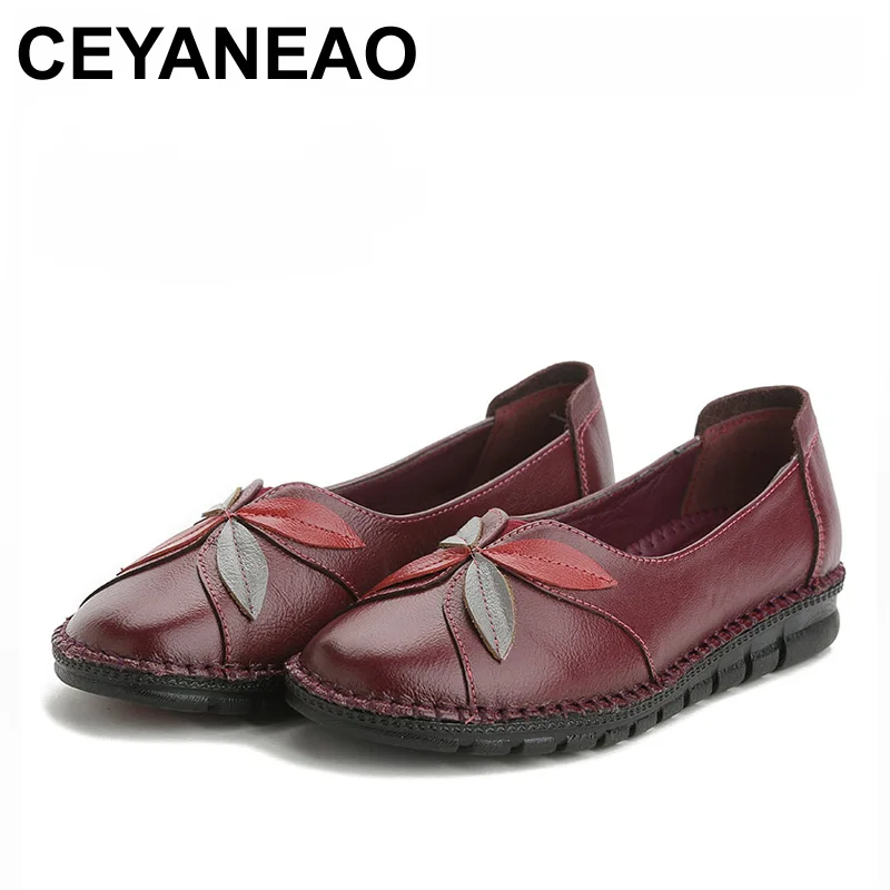 

CEYANEAO 2018 Spring Casual Mother Shoes National Style Genuine Leather Flats With Women's Shoes Soft Bottom Bean Shoes Gifts