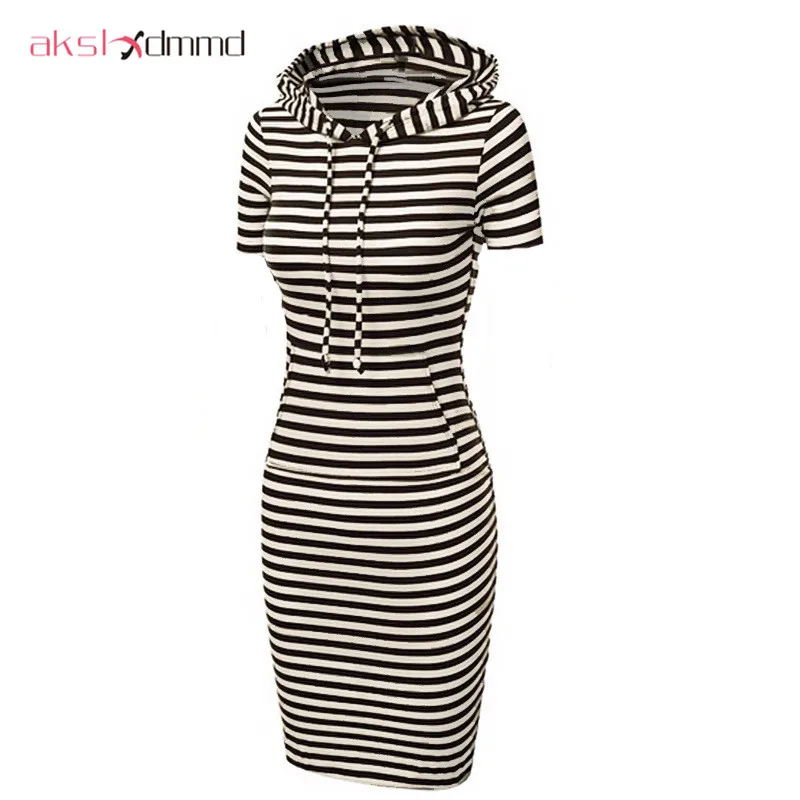 

Stripe Solid Color Hooded Women Pullover Sweatshirt Dress 2019 New Spring Autumn Short Sleeve Pocket Casual Mid Long Dress LH754