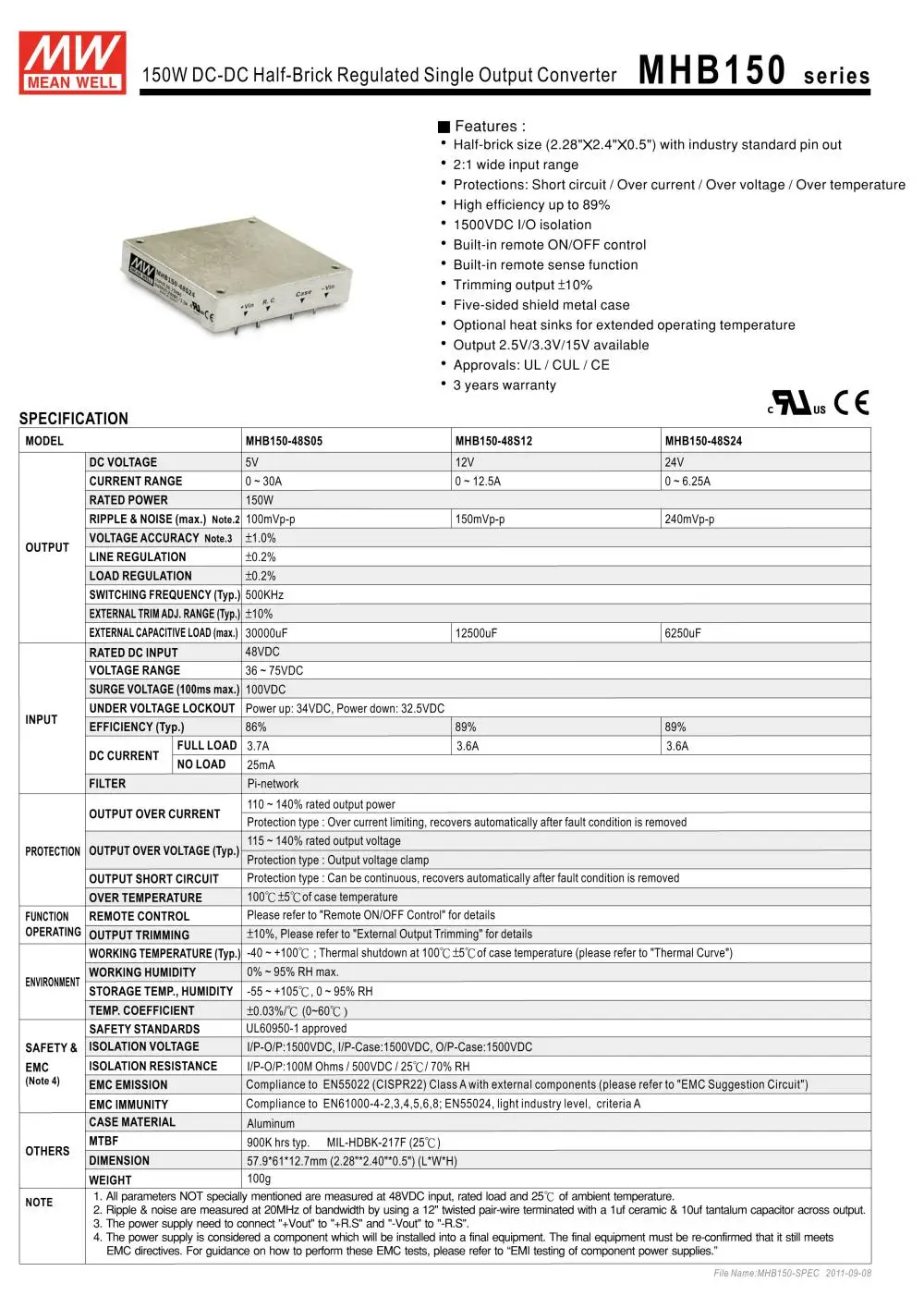 [PowerNex] MEAN WELL оригинал MHB150-48S05 5 В 30A meanwell MHB150 5 В 150 Вт DC-DC Полкирпича регулируемый Один Выход Конвертер