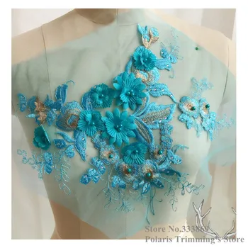 

Newest Handmade Blue Beaded Pearled Rhinestoned 3D Satin Flower Embroidery Lace Appliques Collars Patches Neckline 5pcs/lot M23A