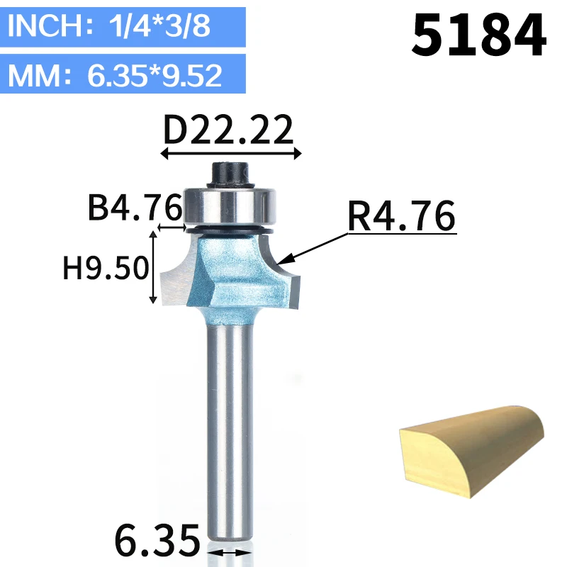 HUHAO 1 шт. круглые фрезы для дерева, деревообрабатывающий инструмент, промышленная Концевая фреза с подшипником, фреза, угловая круглая Концевая фреза - Длина режущей кромки: 5184