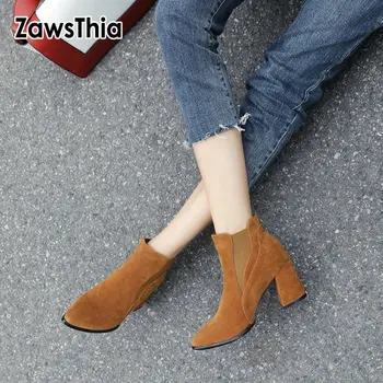 

ZawsThia 2020 winter new faux suede winter martin boots for woman chunky block high heeled promotion ladies ankle boots women