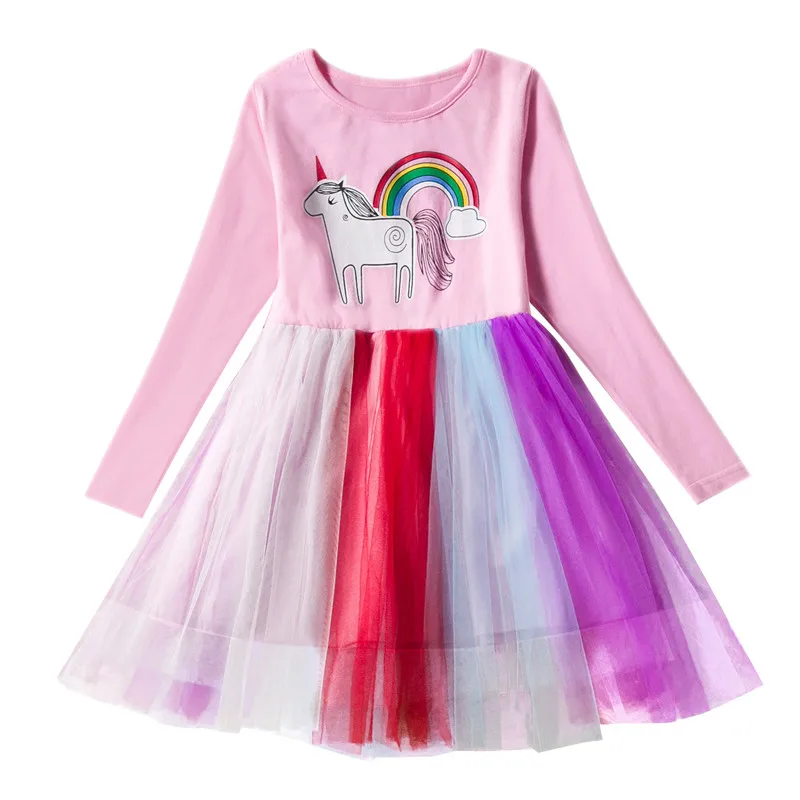 New Girls Rainbow Unicorn Dress Carnival Party For Kids Clothes 2020 Children Cute Pony Birthday Baby Dresses | Детская одежда и