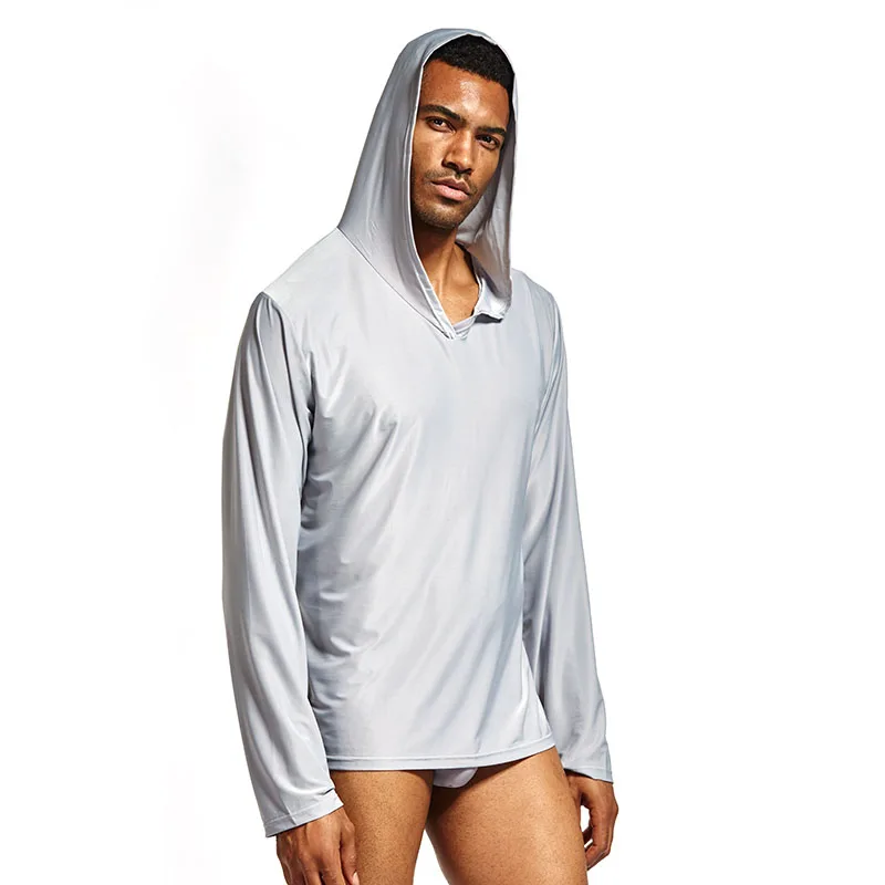 Men Loose Solid Hooded Sleepwear Top Long Sleeve Thin Soft Breathable