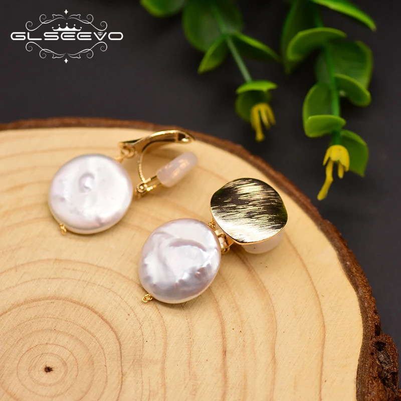 

GLSEEVO Natural Round Flat Baroque Pearl Geometric Earrings For Women Ear Clip Jewellery Pendientes Mujer Moda 2019 GE0783
