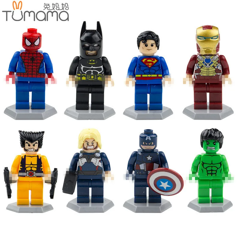 

8pcs/set Building Blocks Super Hero Figures with Base Captain America Spiderman Iron Man Action Figures
