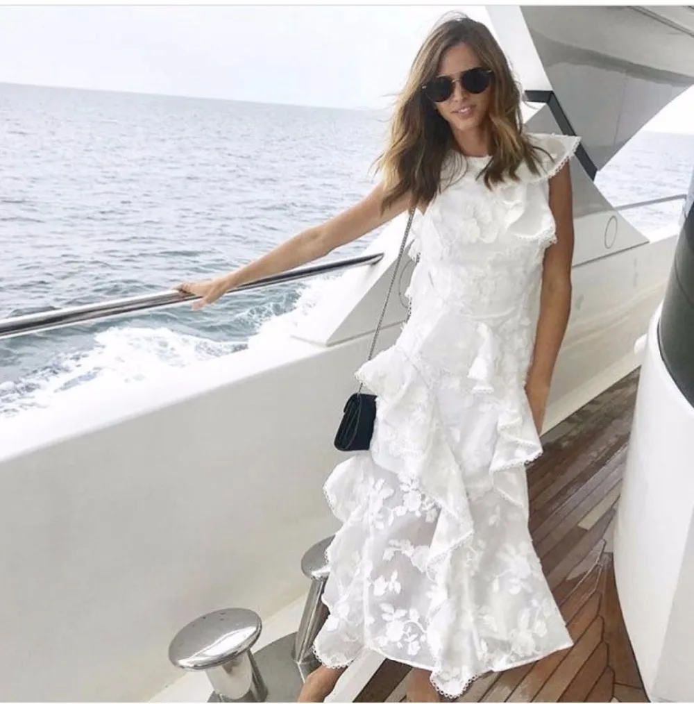 Elegant White Organza Flower Embroidery Long Party Dresses 2018 Women Summer Bohemian Ruffles Maxi Mermaid Dress Vestidos