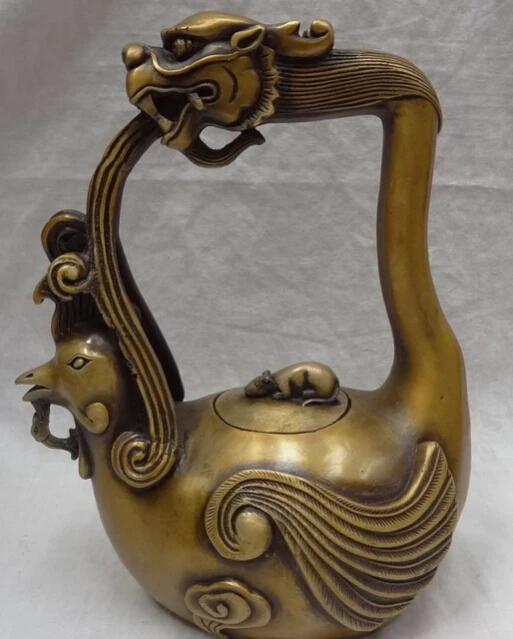 

JP S0114 10" Chinese Bronze Buddhism Dragon Head Fly Phoenix Statue Mouse Wine Pot Teapot