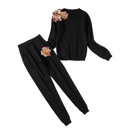 ALPHALMODA свитер с блестками и цветочным принтом+ брюки 2 шт. модные костюмы для женщин осень зима Vogue стильные Джемперы брюки наборы - Цвет: Черный