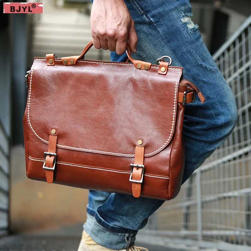 

BJYL New Retro Men messenger bag business laptop briefcase genuine leather handbags casual male shoulder crossbody bags