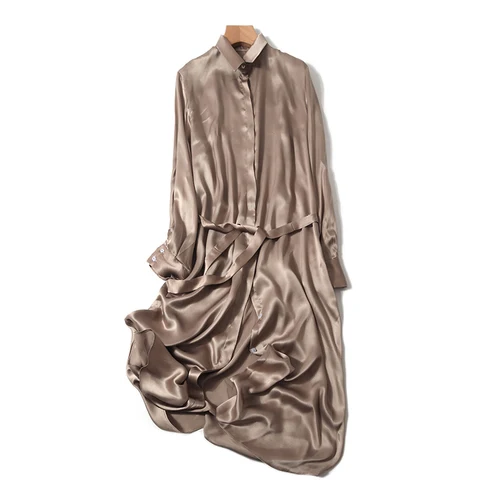 19 Новое матовое шелковое платье из натурального шелка, однотонное платье с длинными рукавами, Шелковый свободный галстук - Цвет: khaki