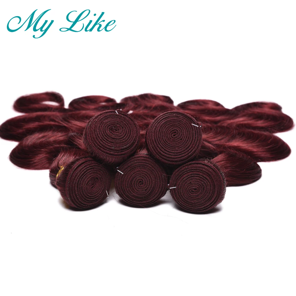 My Like 99J Burgundy Peruvian Human Hair Weave 3 Bundles with Frontal Non-remy Red Body Wave Bundles with Closure Lace Frontal
