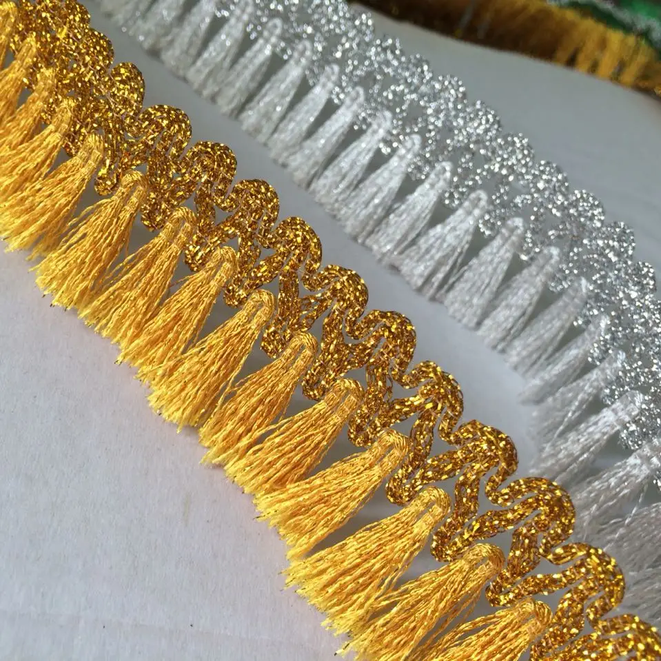 Free Shipping 10Meters 38mm Width Gold/Silver Tassel Fringe Lace Trim