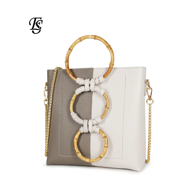 

new ring wooden handle chain ladies shoulder bag lychee pattern contrast color stitching pu female bag crossbody shoulder bag