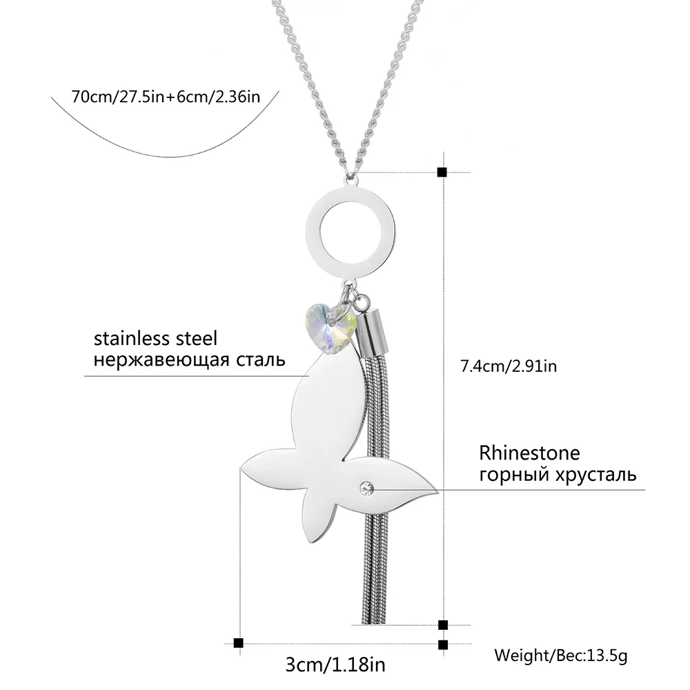 Ожерелье из нержавеющей стали с подвеской-бабочкой для женщин, новое модное Ювелирное Украшение, хрустальные подвески, длинное кистовое ожерелье с животными, аксессуары