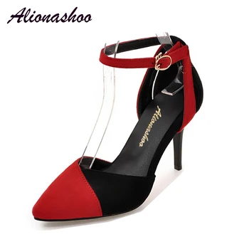 

Alionashoo Brand Women Pumps High Heels Shoes Retro Velvet Thin Heels Pumps Spring Ankle Strap Pointed Toe Party Shoes Big Sizes