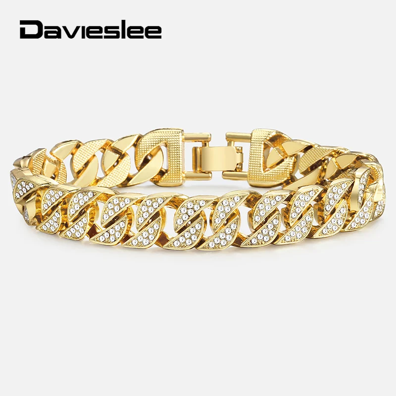 

Davieslee Mens Bracelets Iced Out Gold Miami Curb Cuban Chain Bracelet for Men Dropshipping 2019 Fashion Jewelry LGB452