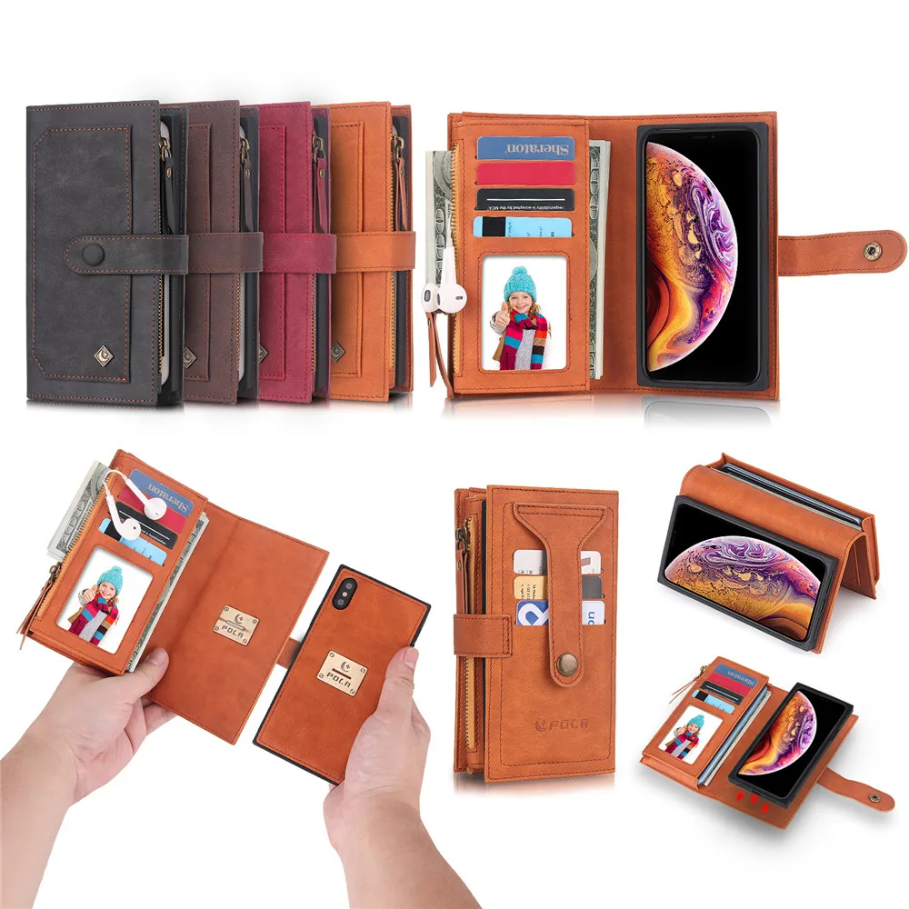 

PU Wallet Case Detachable Magnet Back Cover Protection Shell with Card Slots Purse for iPhone X Xs Xr 7 8 Samsung Note 9 8 S9 S8