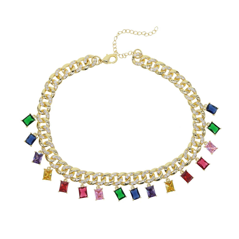 Rock style miami cuban chain choker jewelry with rainbow baguette cz drop charm links Gold filled cz women short layer necklace - Окраска металла: rainbow