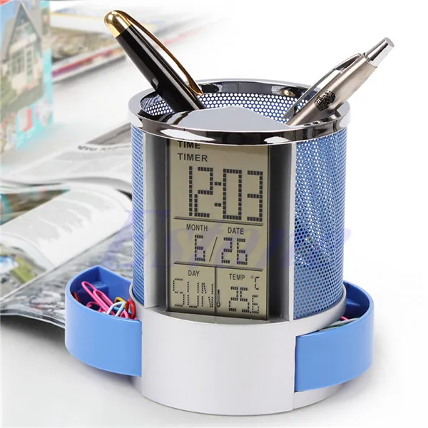 1 Pc Pen Holder Digital LCD Desk ALarm Clock & Mesh Rulers Pen Pencil