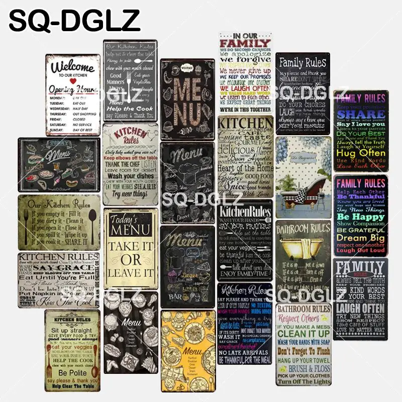 

[SQ-DGLZ] New Menu Tin Sign Kitchen Rules Wall Decor Family Rules Metal Crafts Painting Plaques Bathroom Rules Art Poster