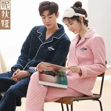 NDY Lovers pajamas quilted Winter Women’s Long sleeve Coral fleece plaid Men’s Beibei velvet thickening sleepwear Home Clothing