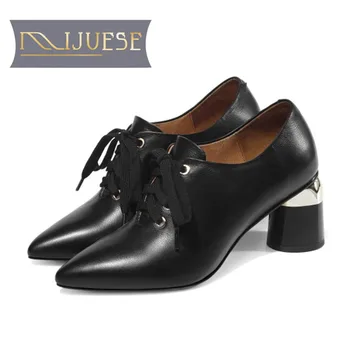 

MLJUESE 2019 women pumps autumn spring Cow leather lace up black color pointed toe high heels lady shoes wedding size 34-43