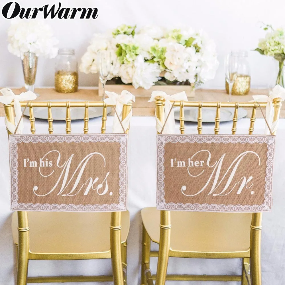OurWarm Burlap Chair Banner Groom and Bride Photo Props Anniversary Hanging Signs Set Chair Decor Vintage Wedding Decoration