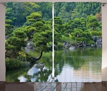 

Japanese Decor Curtains River Landscape with Trees Flowers Stones Silence in Asian Natural Beauty Garden Theme Photo Living Room