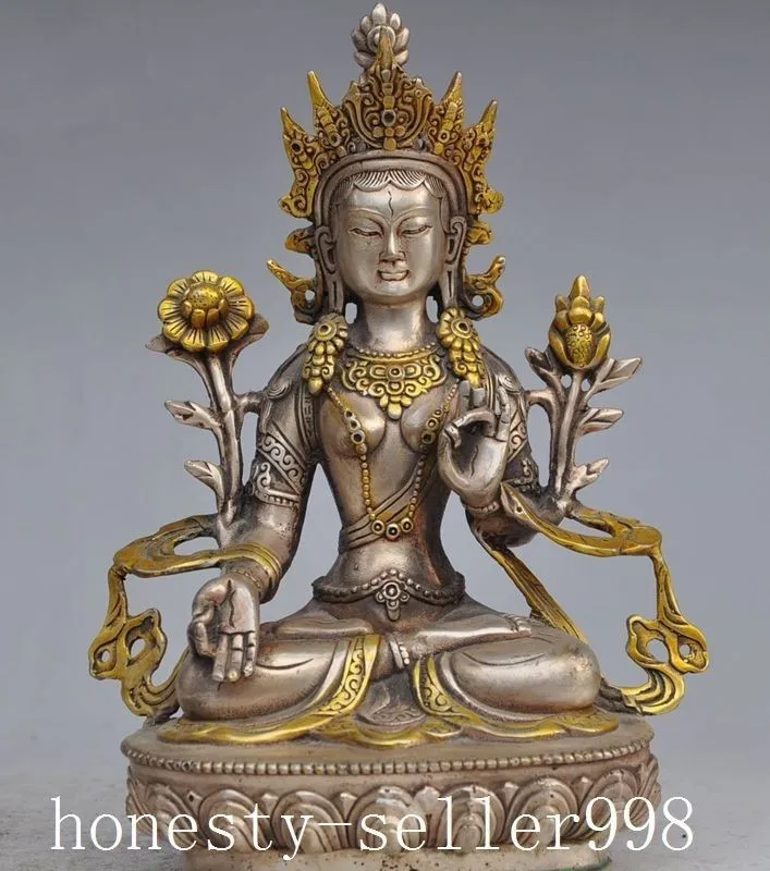 home decor 8.7" Tibet Tibetan silver Buddhism gilt copper ...