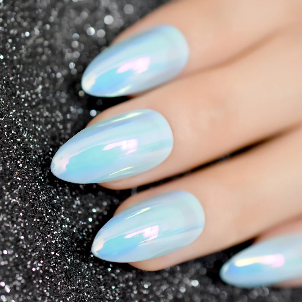 

Magic Chrome Holo Blue Green Oval Fake Stiletto Nails Tips Reflection Mirror False Nail Almond Wear Fake Nails