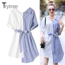 Trytree лето осень хлопок платье женское повседневное в тонкую полоску рубашка половина рукав розовый белый А-силуэт Асимметричное Платье синее платье