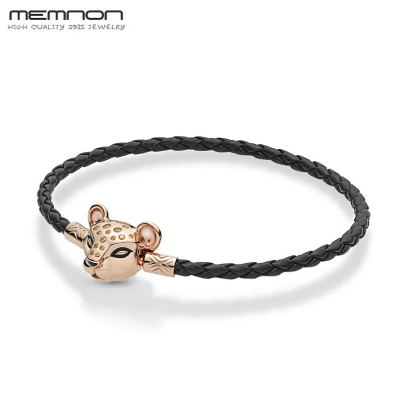 

100% 925 Sterling Silver New 2019 Summer Black Leather Bracelets with rose Lioness Clasp fit charms DIY Free Shipping Wholesale
