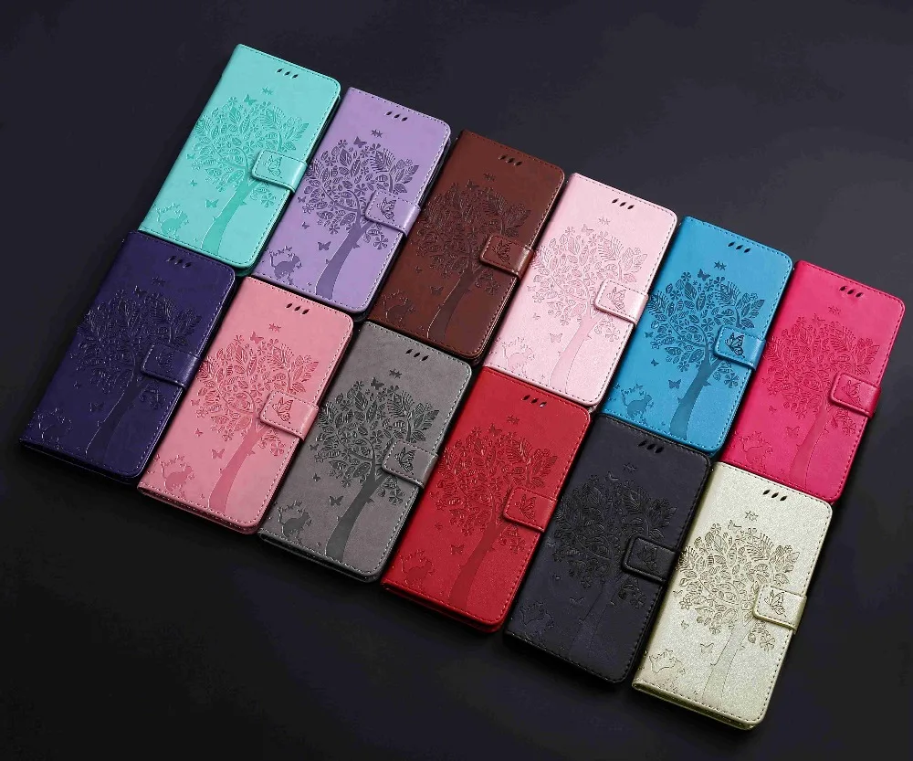 

Luxury Cat Tree Pattern Leather Wallet Phone Case Cover For Samsung J4 Plus J6 Plus 2018 with Card Slots