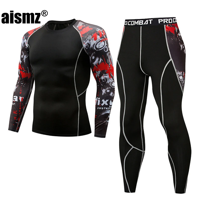 warmest long underwear Aismz Men Thermal Underwear Suits Sets Printing Compression Fleece Sweat Quick Drying Thermo Underwear Men Clothing Long Johns merino wool long johns Long Johns