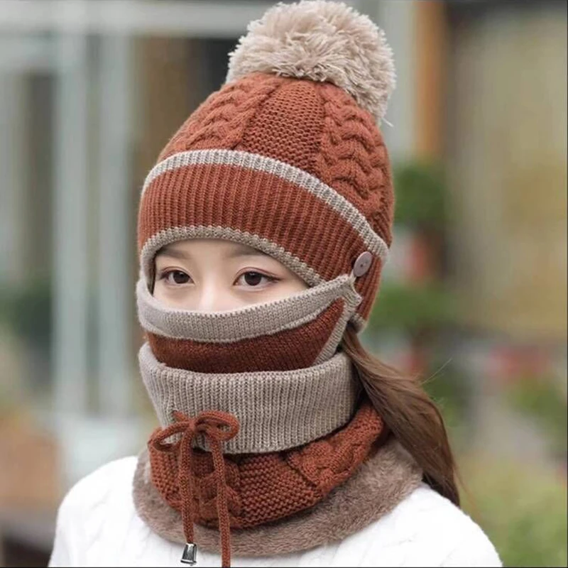

Set 3 Hats Women Winter Beanies Velvet Thick Bib Mask Ear Protector Skullies Beanie Hat Riding Hat Female Warm knitted Wool Cap