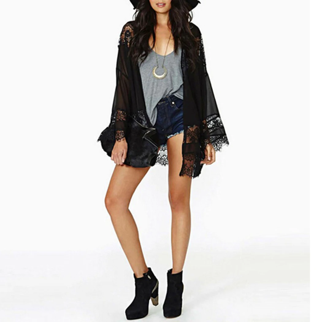 

Plus Size Elegant Autumn Boho Chiffon Kimono Cardigan Women Lace Blouses Tops Casual Long Sleeve Summer Beach Loose Blusas 2018