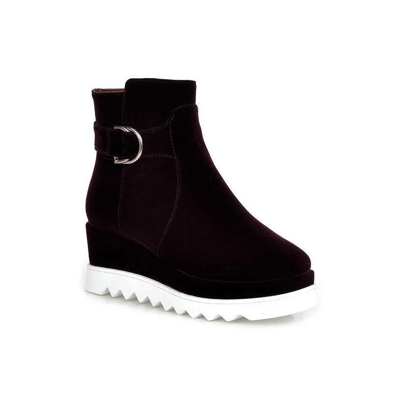 Fashion Lady Autumn Shoe Flock Wedge High Heel Platform Round Toe Woman Ankle Boot Red Female