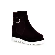 Fashion Lady Autumn Shoe Flock Wedge High Heel Platform Round Toe Woman Ankle Boot Red Female
