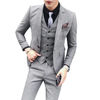 

Tweed Men Suits For Wedding Groom Tuxedos Prom Dinner Notched Lapel Three Piece Blazer Waistcoat Pants Latest Style Jacket Vest