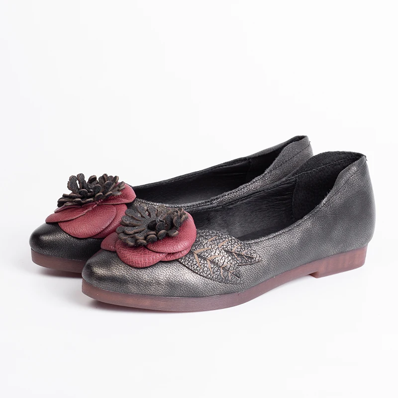 

2019 Spring and Summer New Flower Literary Single Shoes Female Retro Leather Soft Bottom Layer Leather Shoes Flat Shoes