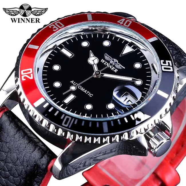 Winner, модные черные и красные спортивные часы с календарем, автоматические часы для мужчин, светящиеся стрелки, натуральная кожа - Цвет: GMT975-5