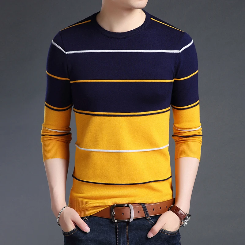 Модный брендовый мужской свитер, пуловер в полоску, Облегающие джемперы, вязанная шерстяная Осенняя повседневная мужская одежда в Корейском стиле