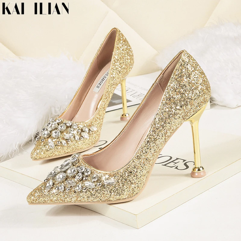 

Women shoes 2020 Summer high heels kitten heels Golden bling paillette pumps party wedding shoe white rhinestone pointed toe