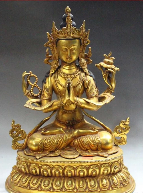 

xiuli 004284 14" Tibet Buddhism Bronze 24K Gold 4 Hand 4 Arms Chenrezig Goddess Buddha Statue