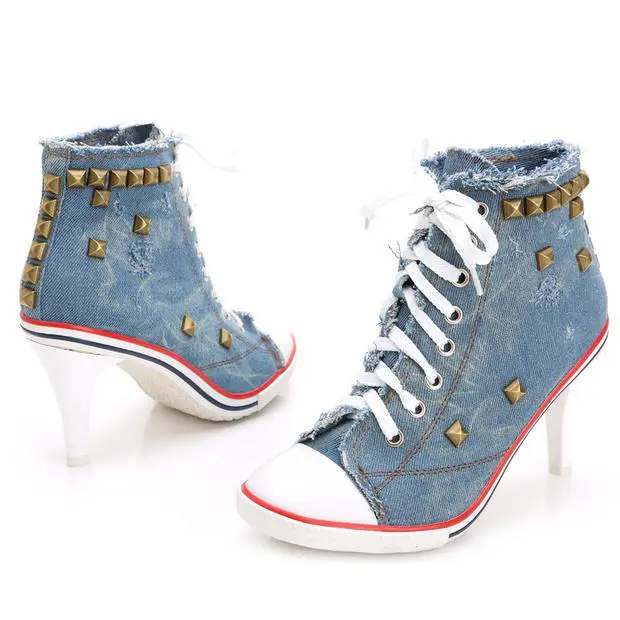 Women Canvas Shoes Denim High Heels 